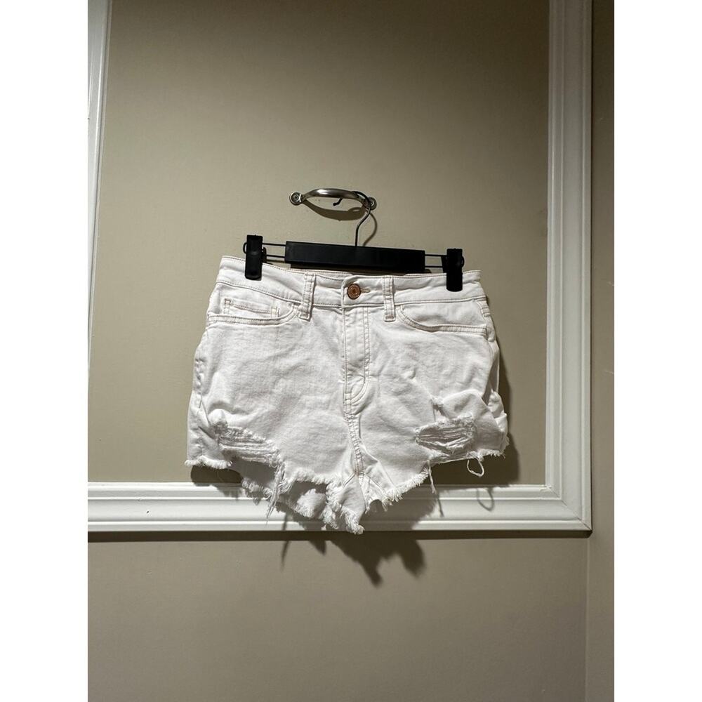 SO White Denim Shorts High Rise‎ Distressed Frayed Hem Size 5/27W
